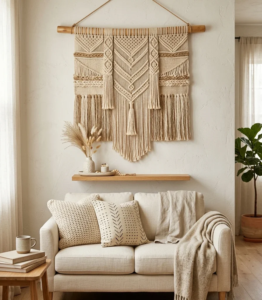 12. Hang a Woven Wall Hanging Above the Couch