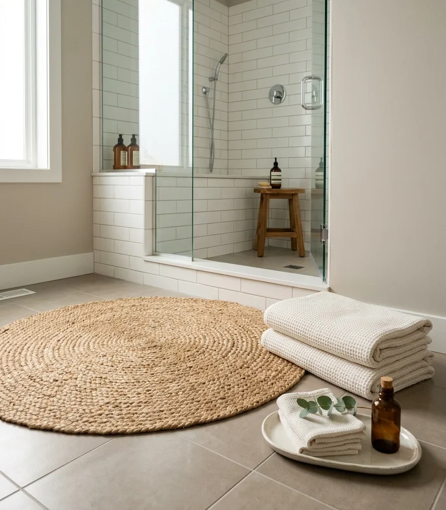 12. Layer in a Woven Bath Mat and Linen Towels