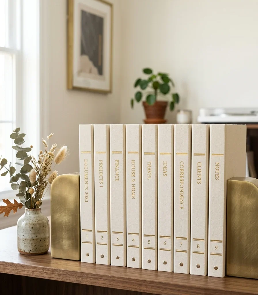 12. Match Bookend and Binder Spines for a Cohesive Shelf