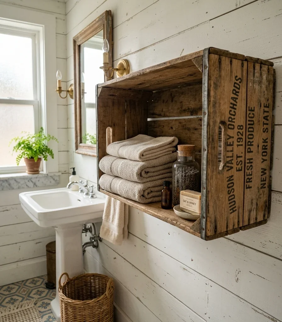 12. Repurpose a Vintage Crate or Scale as Bath Storage