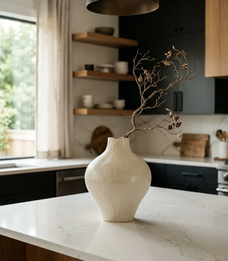 12. Style a Sculptural Ceramic Vase as the Counter's Focal Point