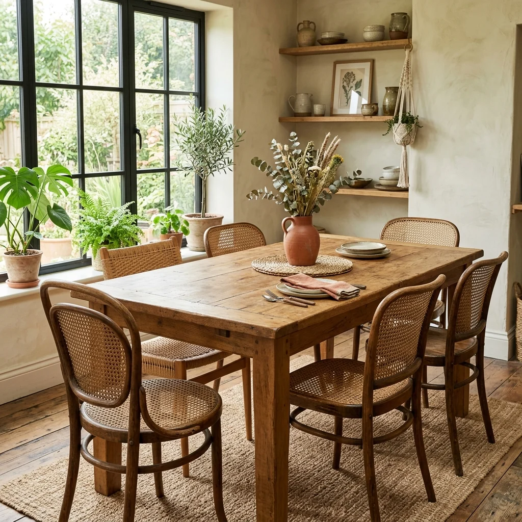 12. Vintage Cane-Backed Dining Chairs Mixed with a Solid Table