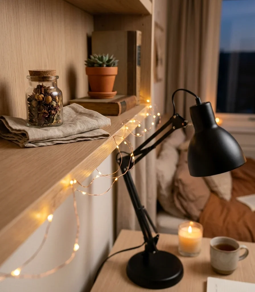 13. Layer Ambient String Lighting Behind the Desk Lamp