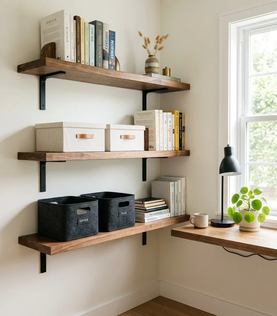 13. Add Floating Shelves to Clear the Floor