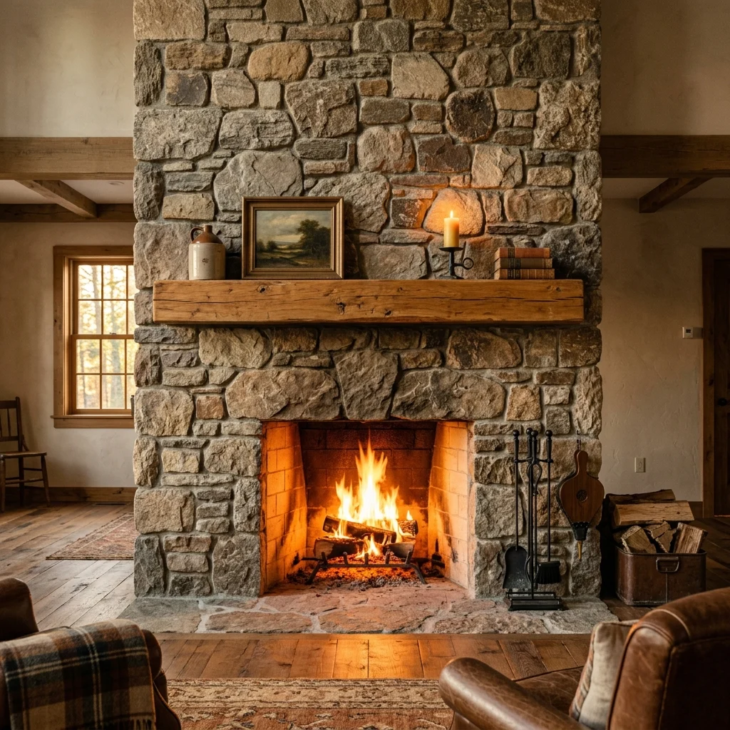 13. Fieldstone Fireplace Surround as a Textural Anchor