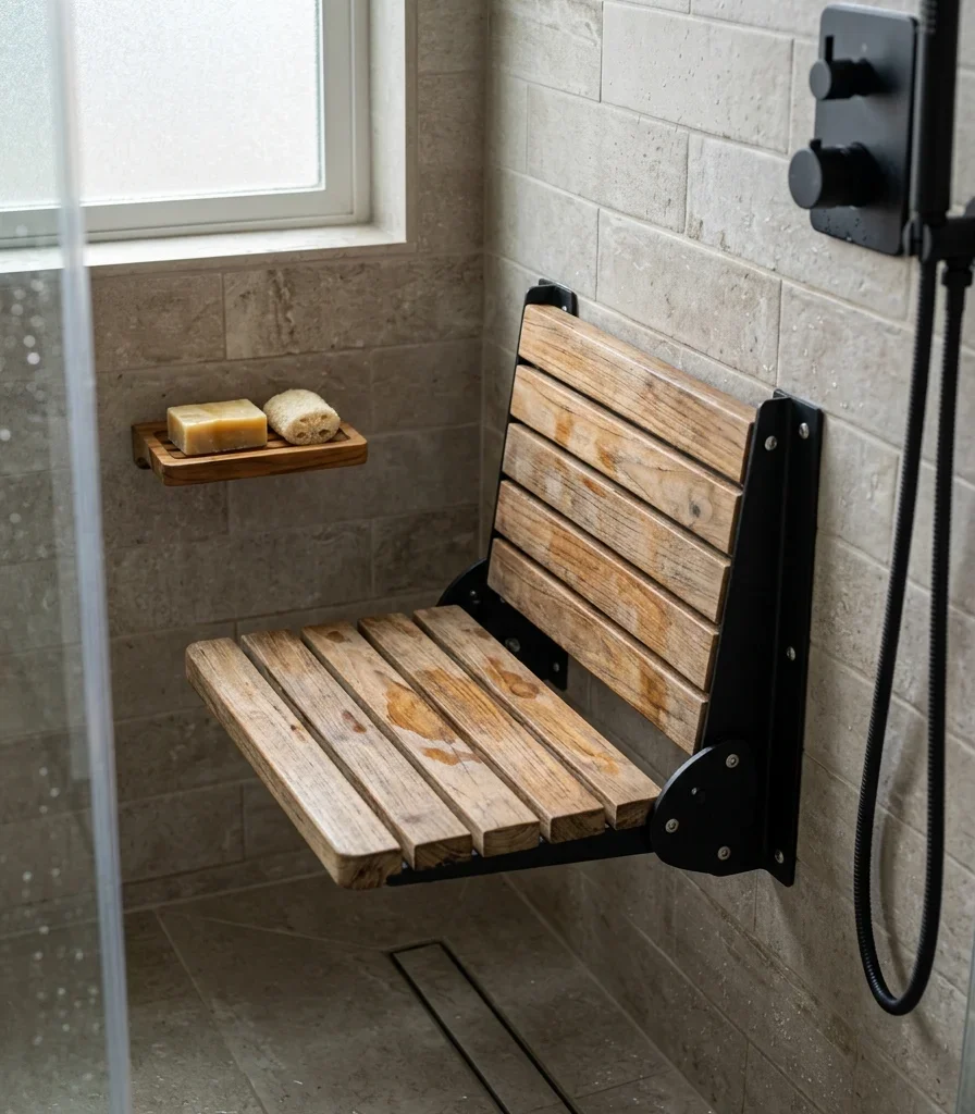 13. Mount a Fold-Down Teak Shower Seat for Flexibility