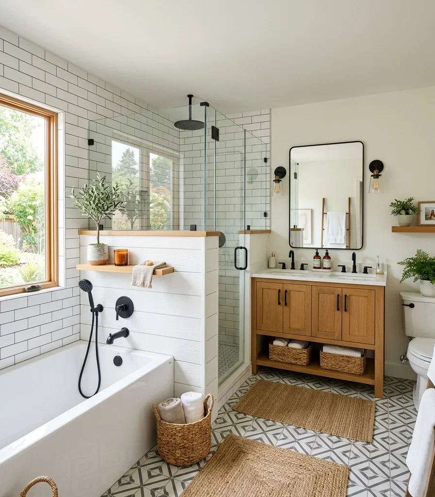 14. Zone the Full Bath With a Half Wall Between Wet and Dry Areas