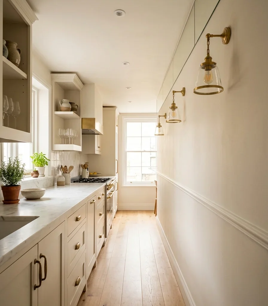 15. Add a Mirrored Ceiling Strip to Visually Raise a Low Kitchen