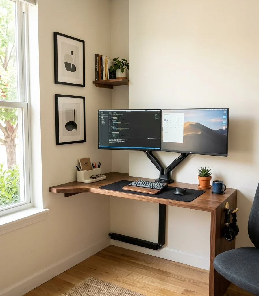 15. Build a Compact L-Shaped Desk for a Multi-Monitor Small Room