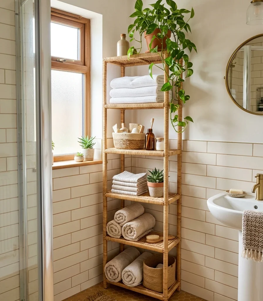 15. Build a Corner Rattan Shelf Column for a Tight Boho Full Bath