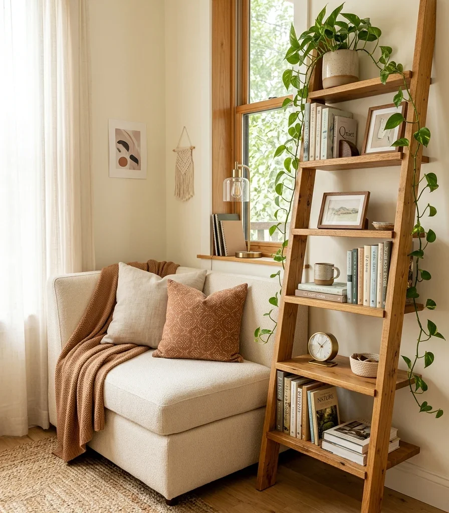15. Build a Loveseat-and-Ladder-Shelf Combo for a Tiny Nook
