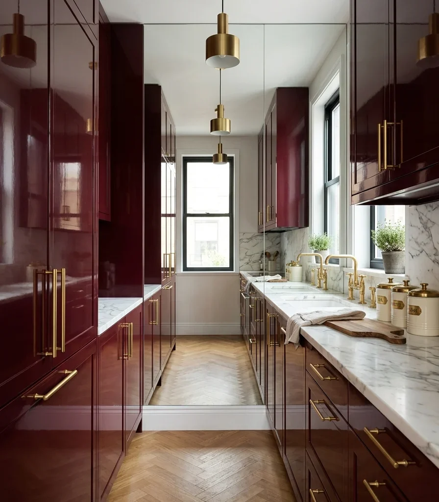 15. Design a Compact Italian Galley Kitchen With a Mirrored Backsplash