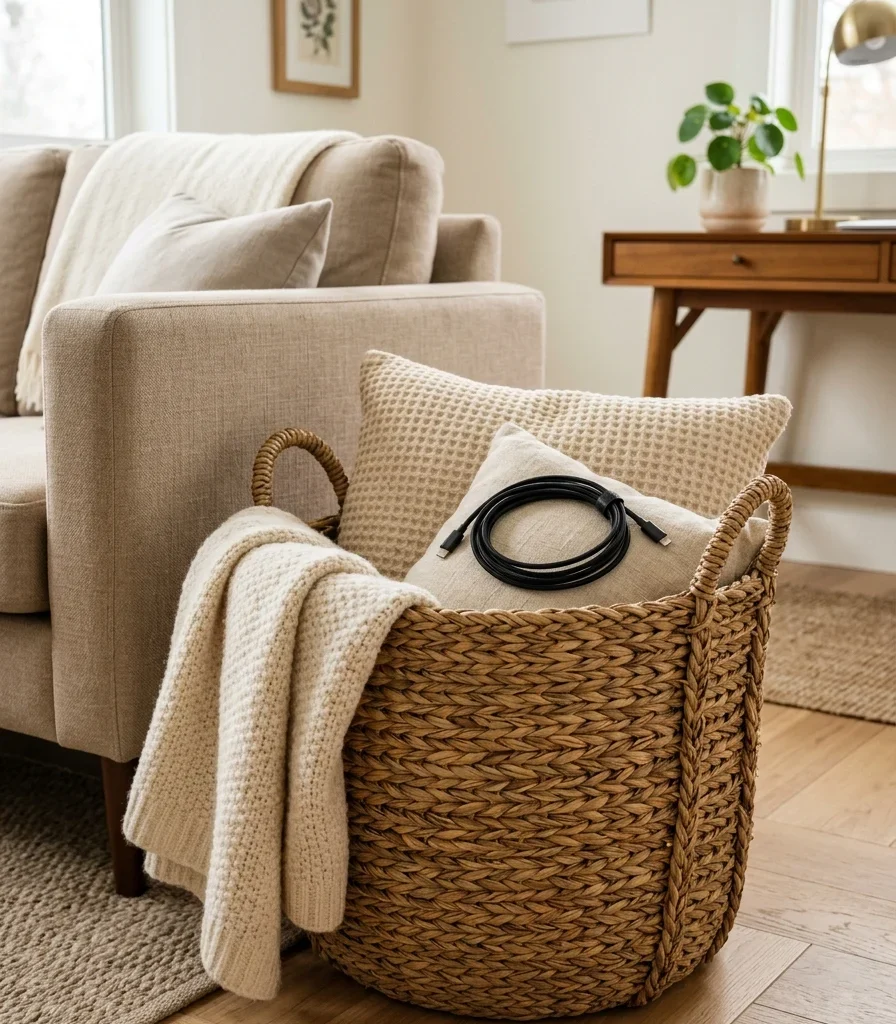 15. Store Cushions and Cables in a Woven Basket