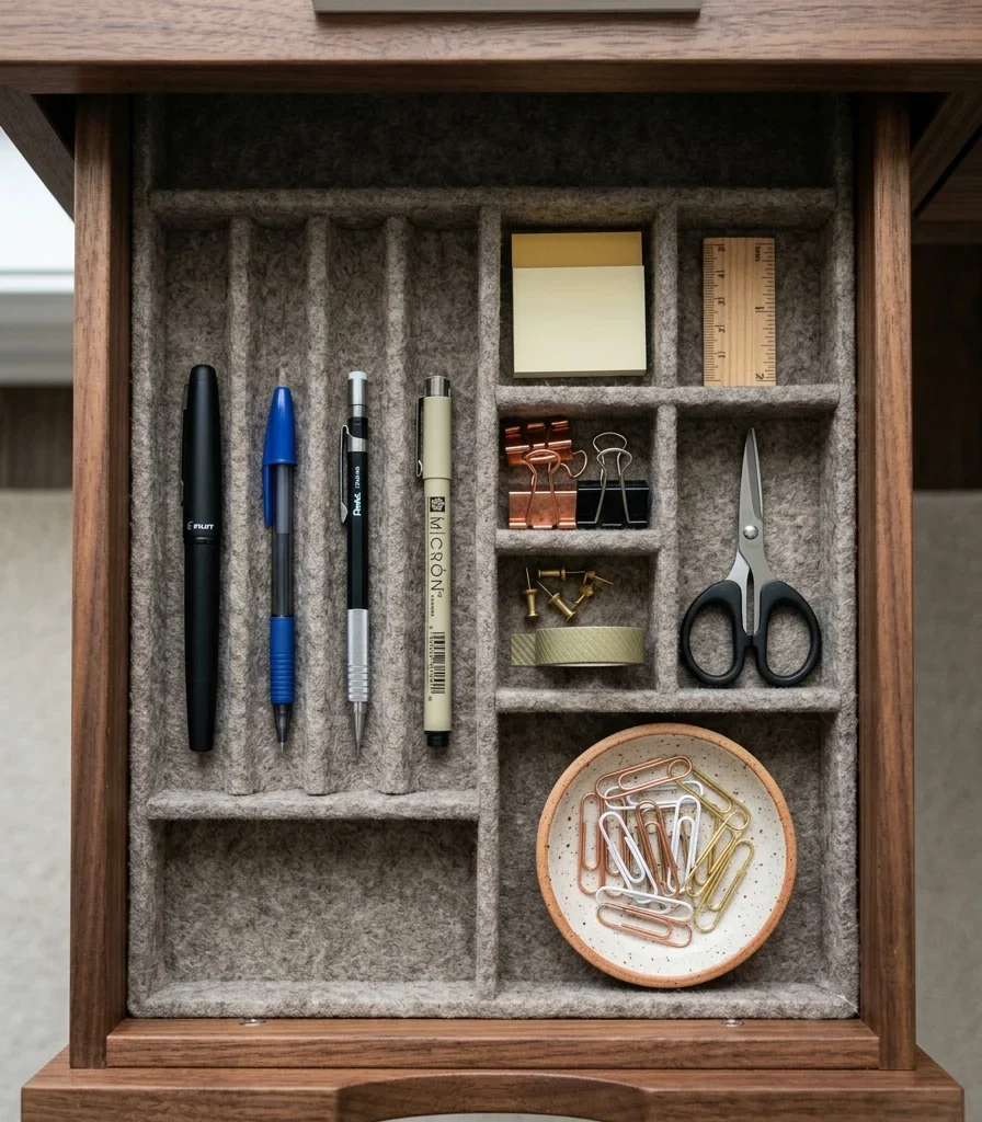 15. Use Felt-Lined Drawer Dividers for the Desk