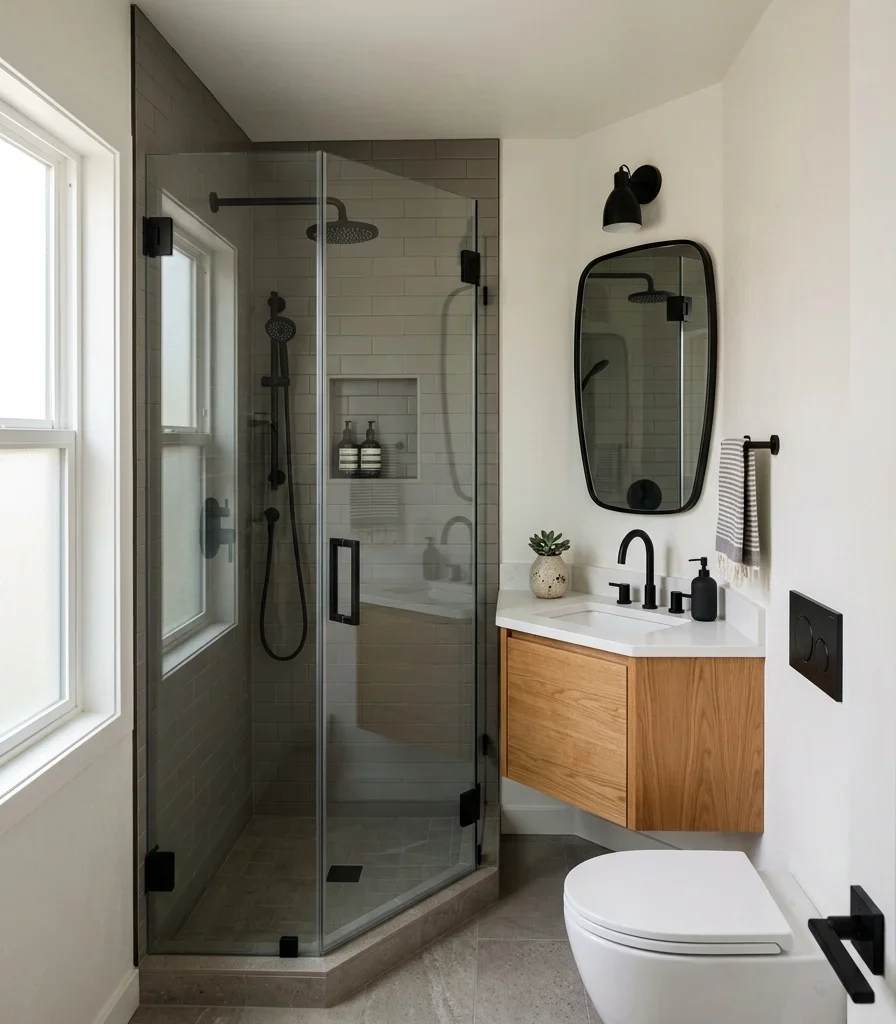 15. Use a Corner Configuration to Fit Four Fixtures in a Tight Modern Bath