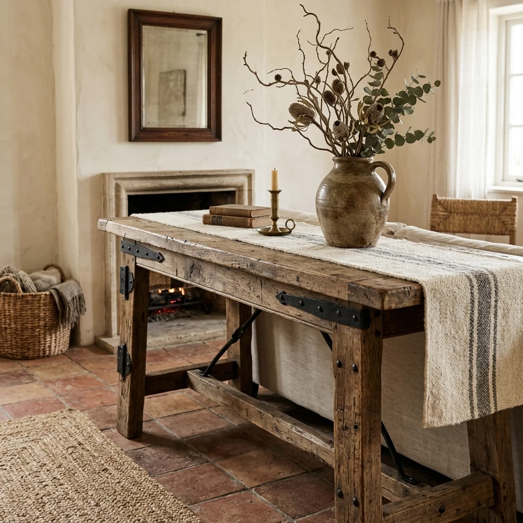 16. Distressed Wood Console with Iron Hardware