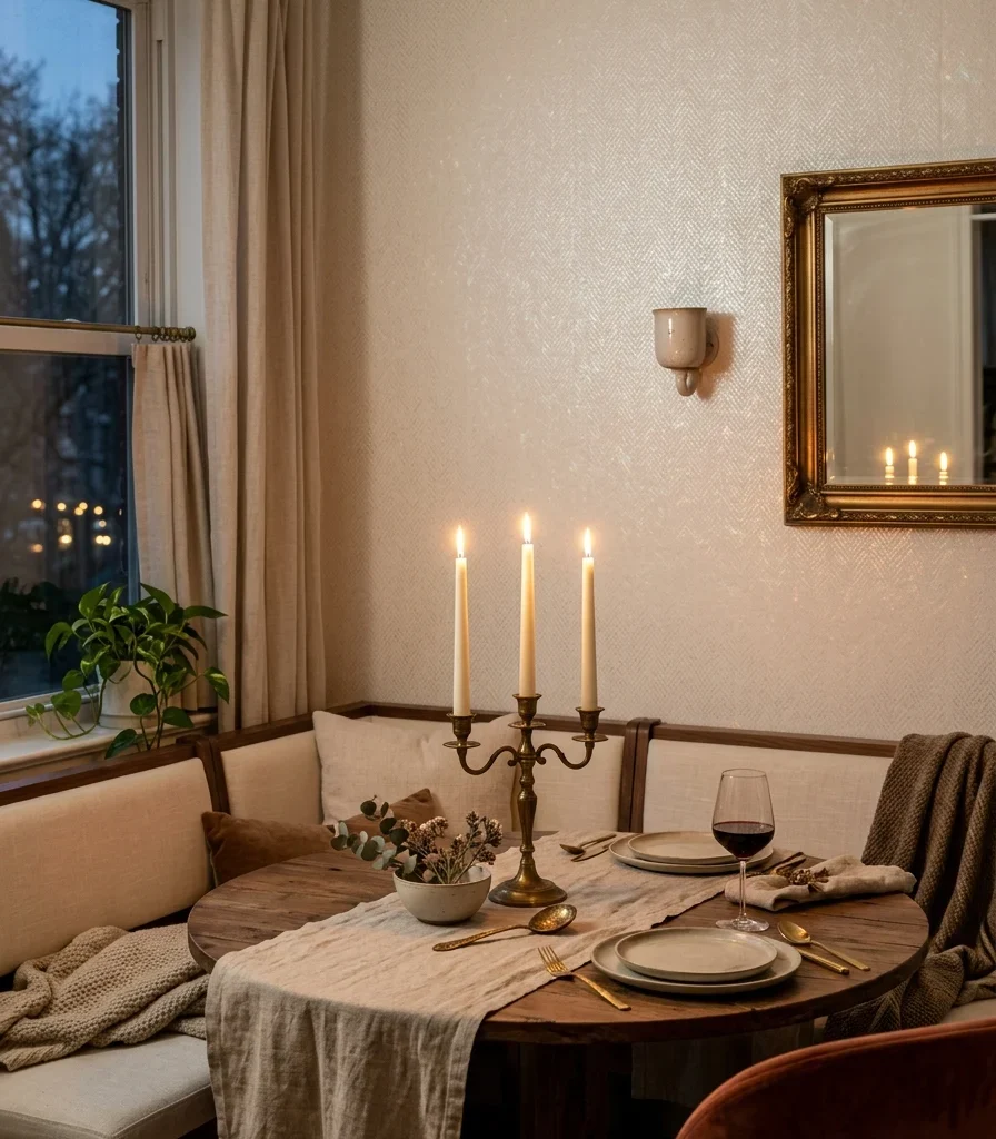 16. Pearlescent Wallpaper for a Candlelit Dining Nook