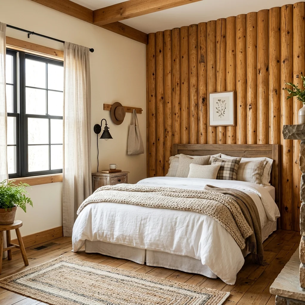 18. Vertical Log-Style Wall Paneling to Add Texture Without Bulk