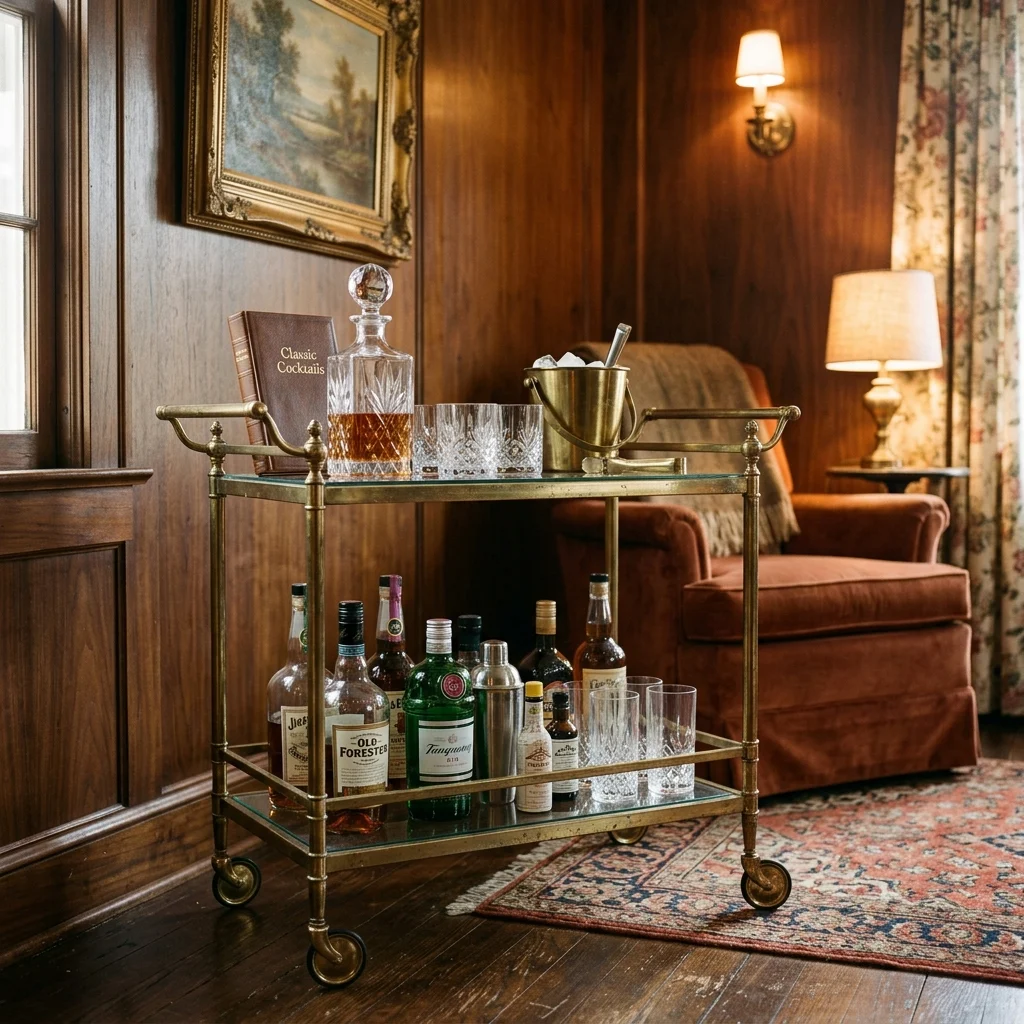 18. Vintage Bar Cart as a Functional Focal Point