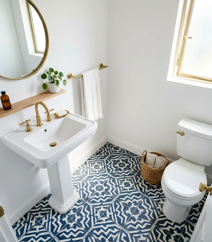 2. A Patterned Cement Tile Floor Under Plain White Walls
