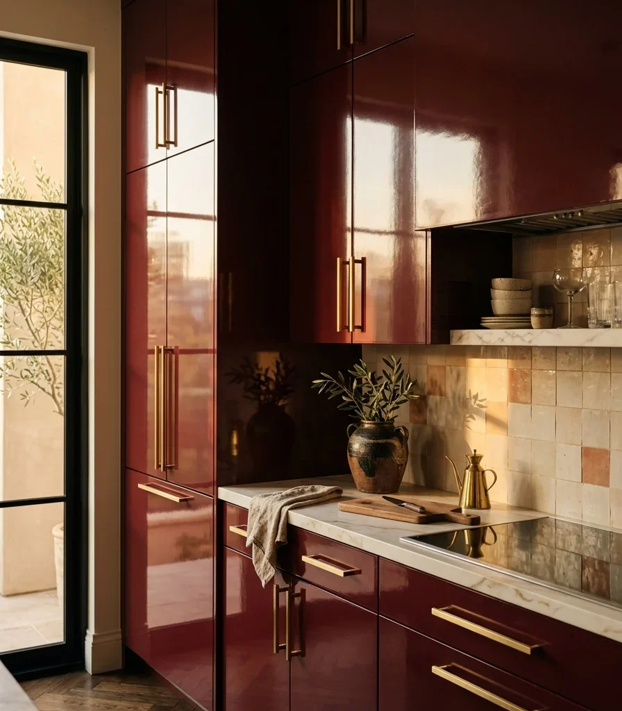2. Choose High-Gloss Burgundy Lacquer Cabinetry