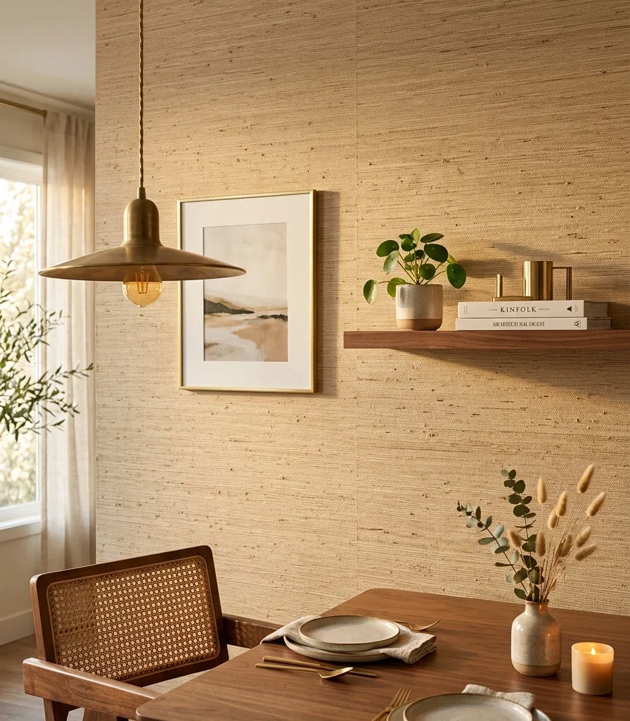 2. Faux Grasscloth Texture Wallpaper for Organic Warmth