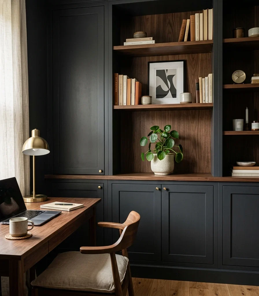 2. Paint a Warm Charcoal Storage Wall for Visual Calm