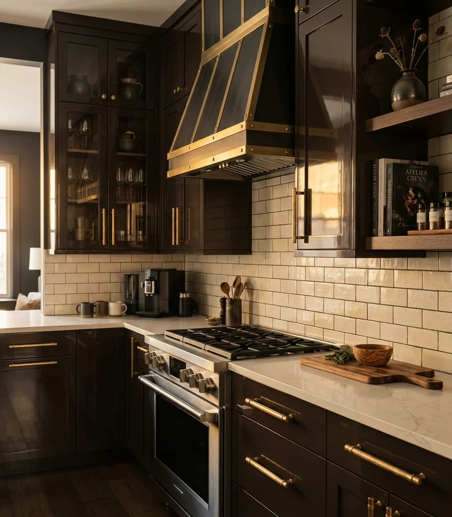 2. Pair Deep Espresso Cabinetry With Warm Brass