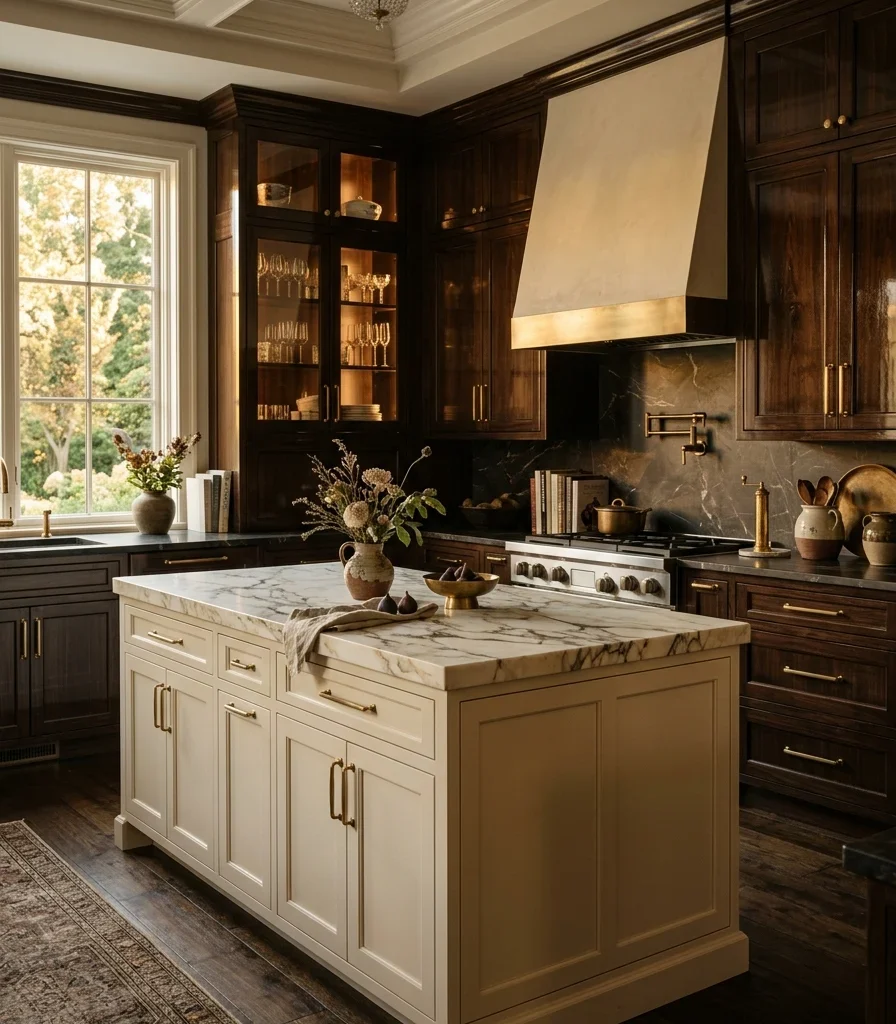 2. Pair Deep Espresso Perimeter With a Warm White Island