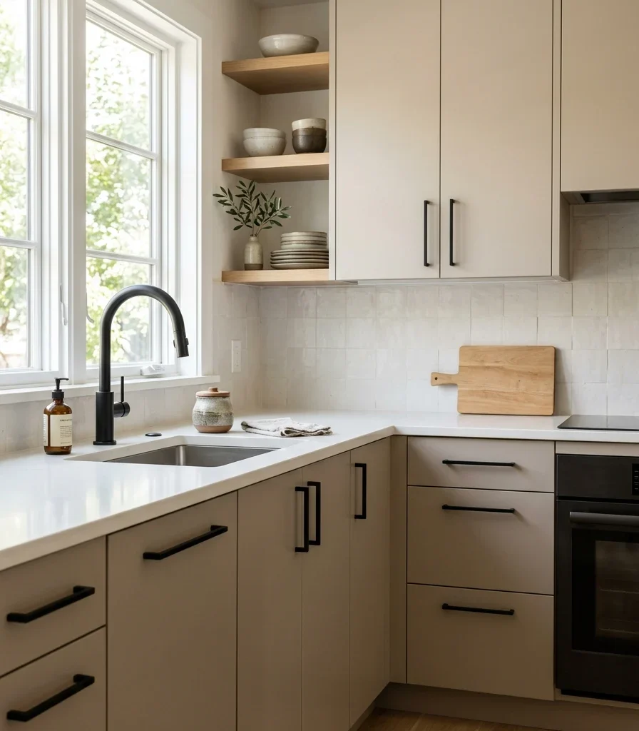 2. Pair Warm Greige Cabinetry With Matte Black