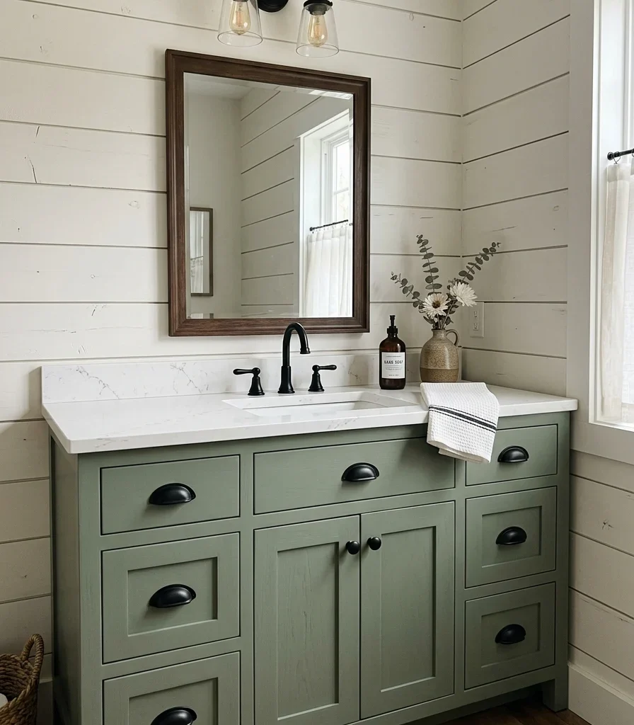 2. Pair Warm Sage Green With White Shiplap