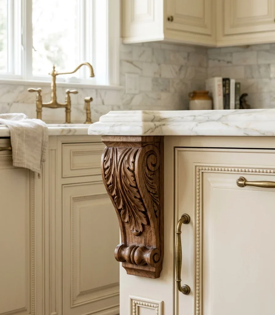 2. Raised-Panel Cabinetry With Decorative Corbels
