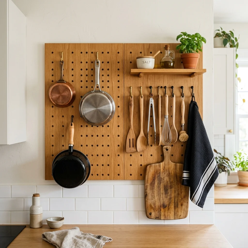 20. Vertical Pegboard Wall for Kitchen Storage Without Drilling Cabinets