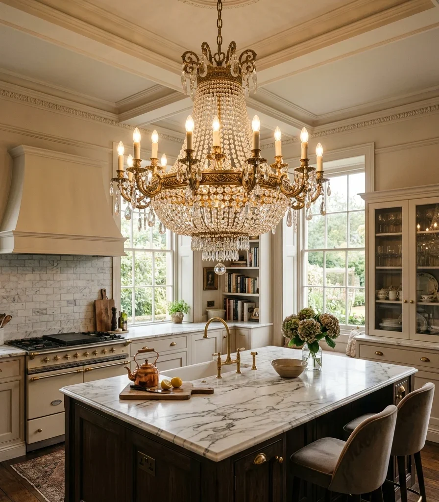 3. A Crystal Chandelier as the Kitchen's Centerpiece