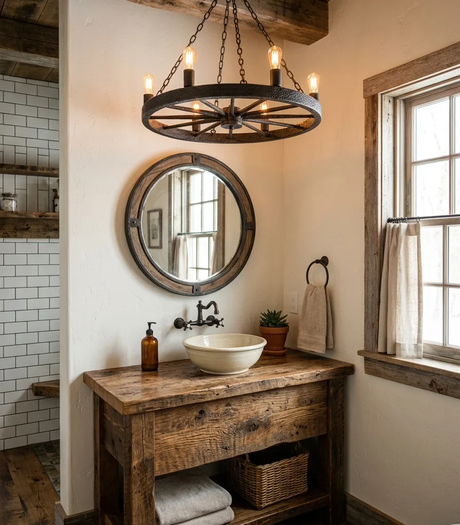 3. A Wagon Wheel-Style Chandelier Over the Vanity
