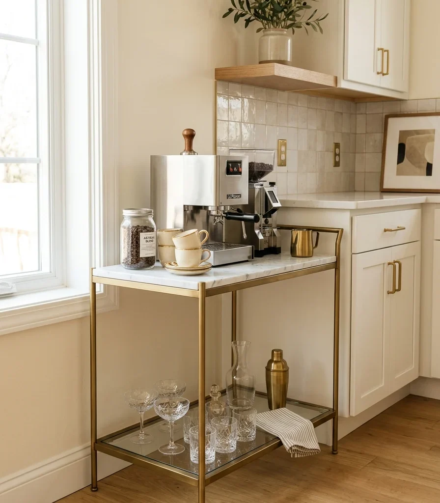 3. Add a Small Marble-Topped Bar Cart for Espresso and Aperitivo
