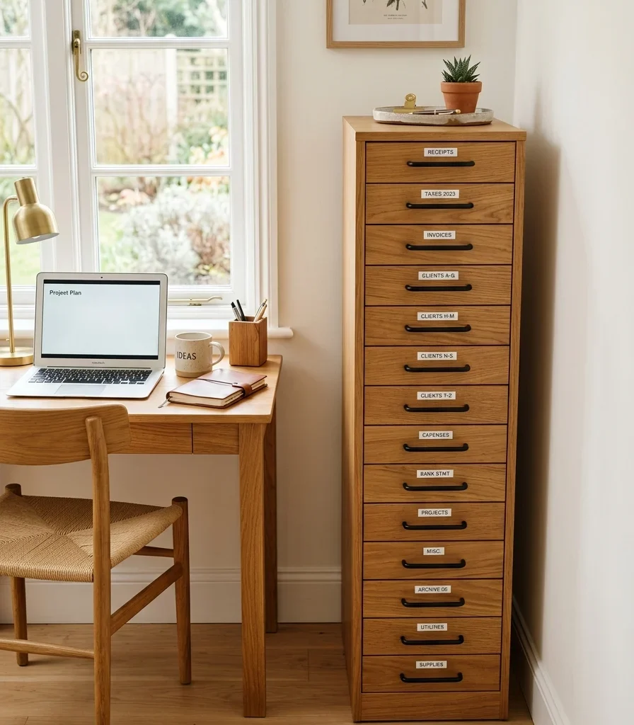 3. Add a Vertical Filing Tower Beside the Desk