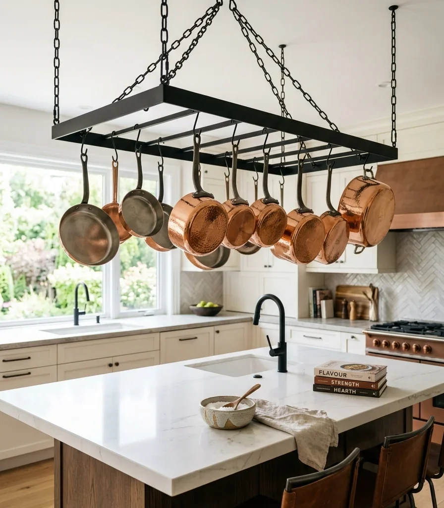 3. Hang a Sculptural Pot Rack as a Ceiling Fixture