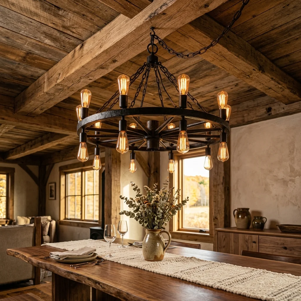 3. Wagon-Wheel-Inspired Iron Chandelier as a Focal Fixture