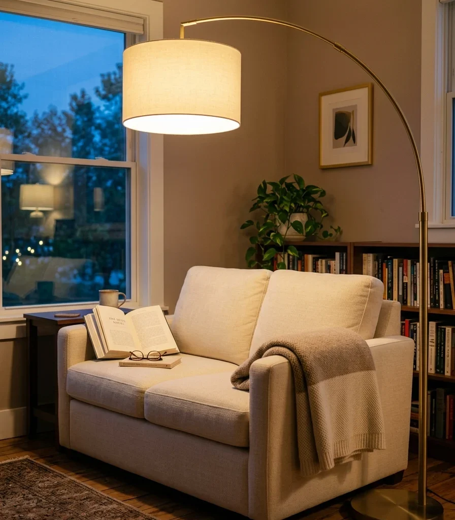 4. Add a Warm Floor Lamp Beside the Couch