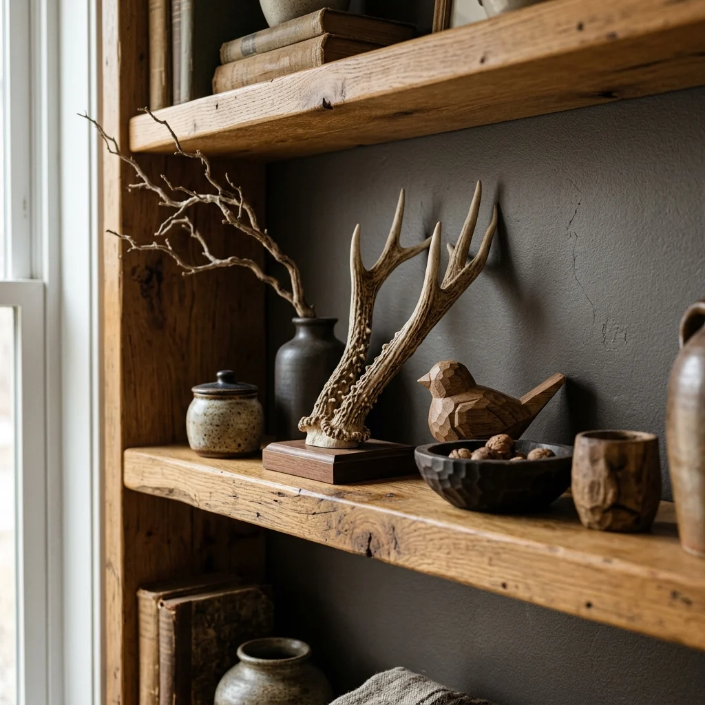 4. Antler and Wood Sculptural Accents on Open Shelving