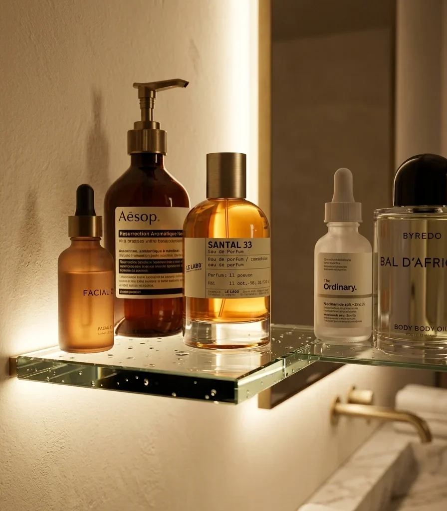 4. Backlight a Glass Display Shelf for Skincare and Perfume