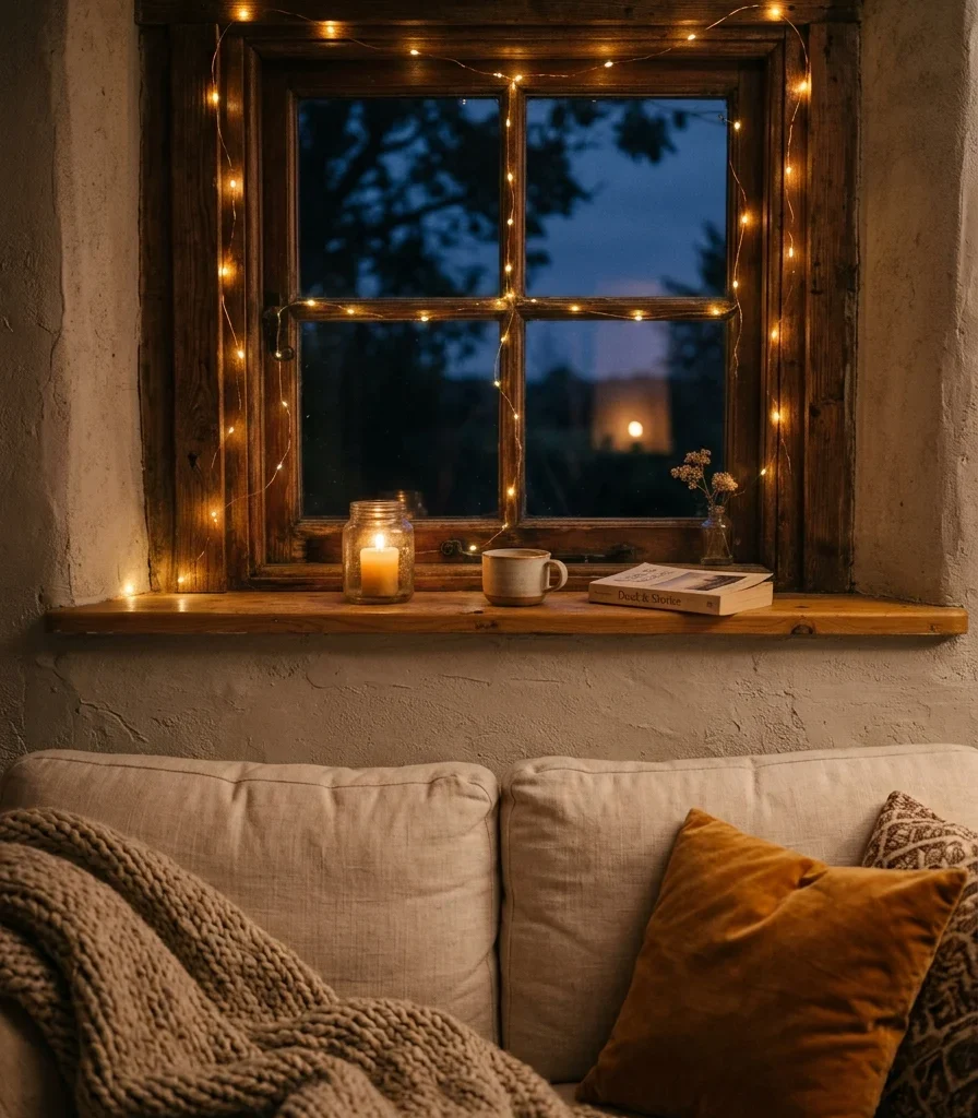 4. Frame a Small Window Nook With Warm String Lights