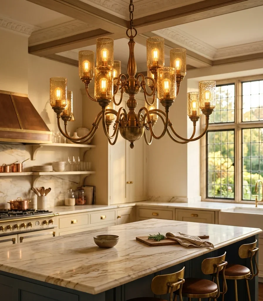 4. Hang a Grand Chandelier-Style Fixture Over the Main Island