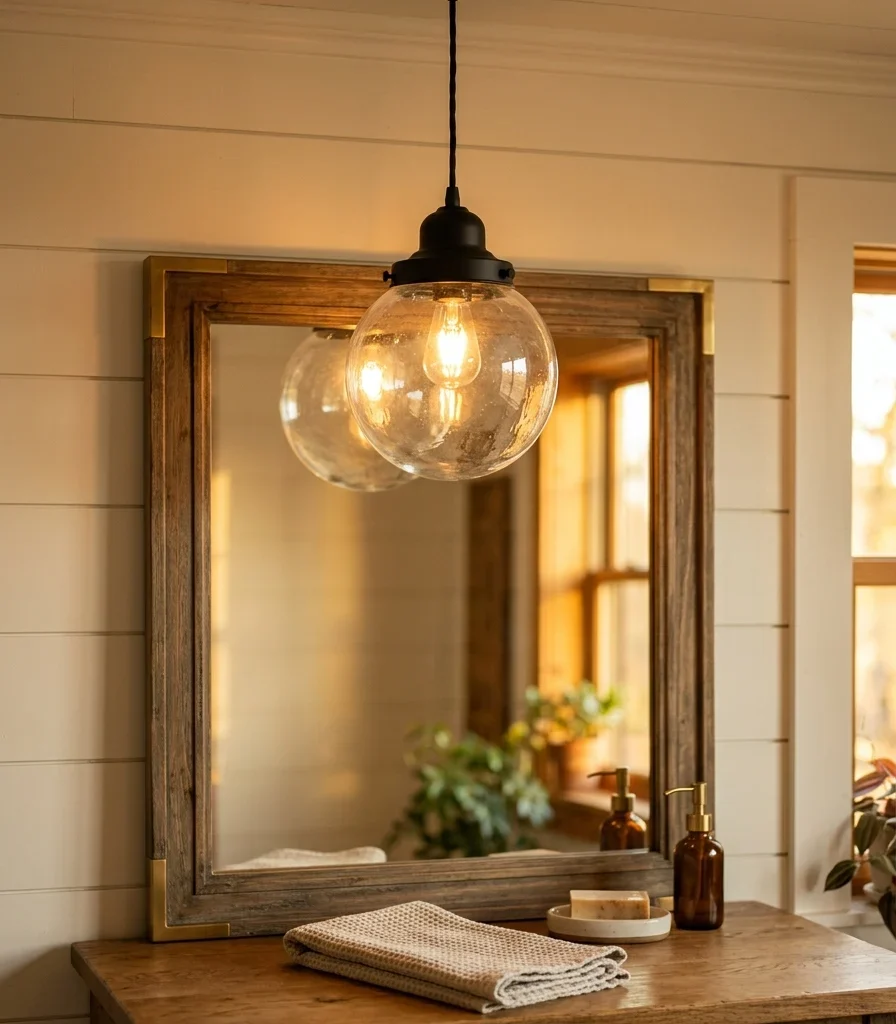 4. Hang a Vintage-Style Schoolhouse Pendant Over the Vanity