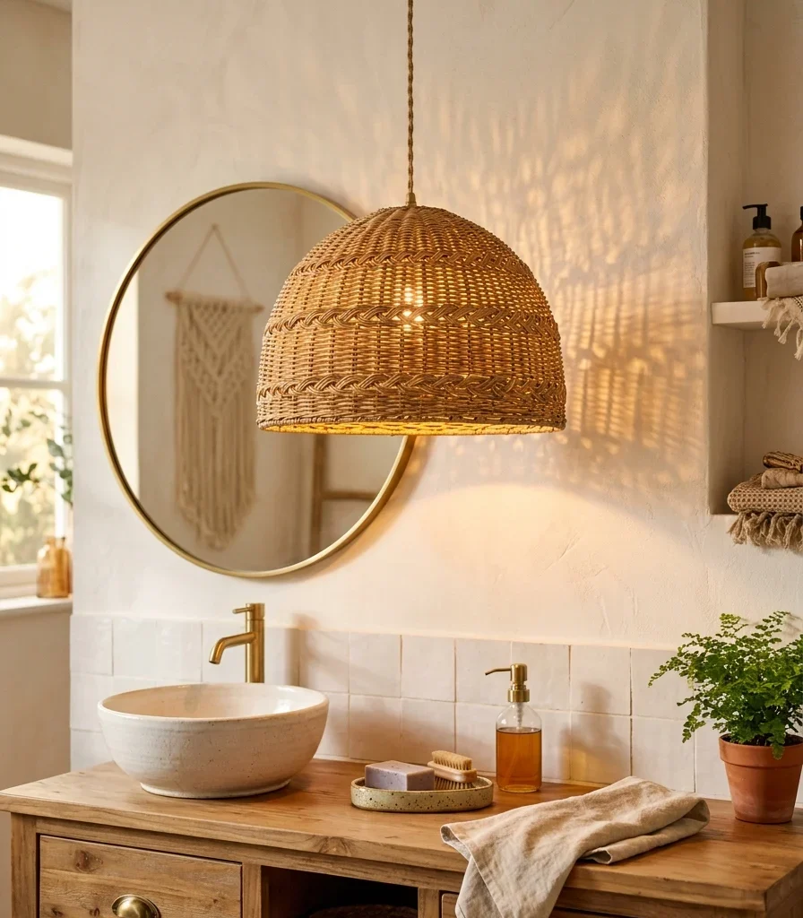 4. Hang a Woven Rattan Pendant Over the Vanity