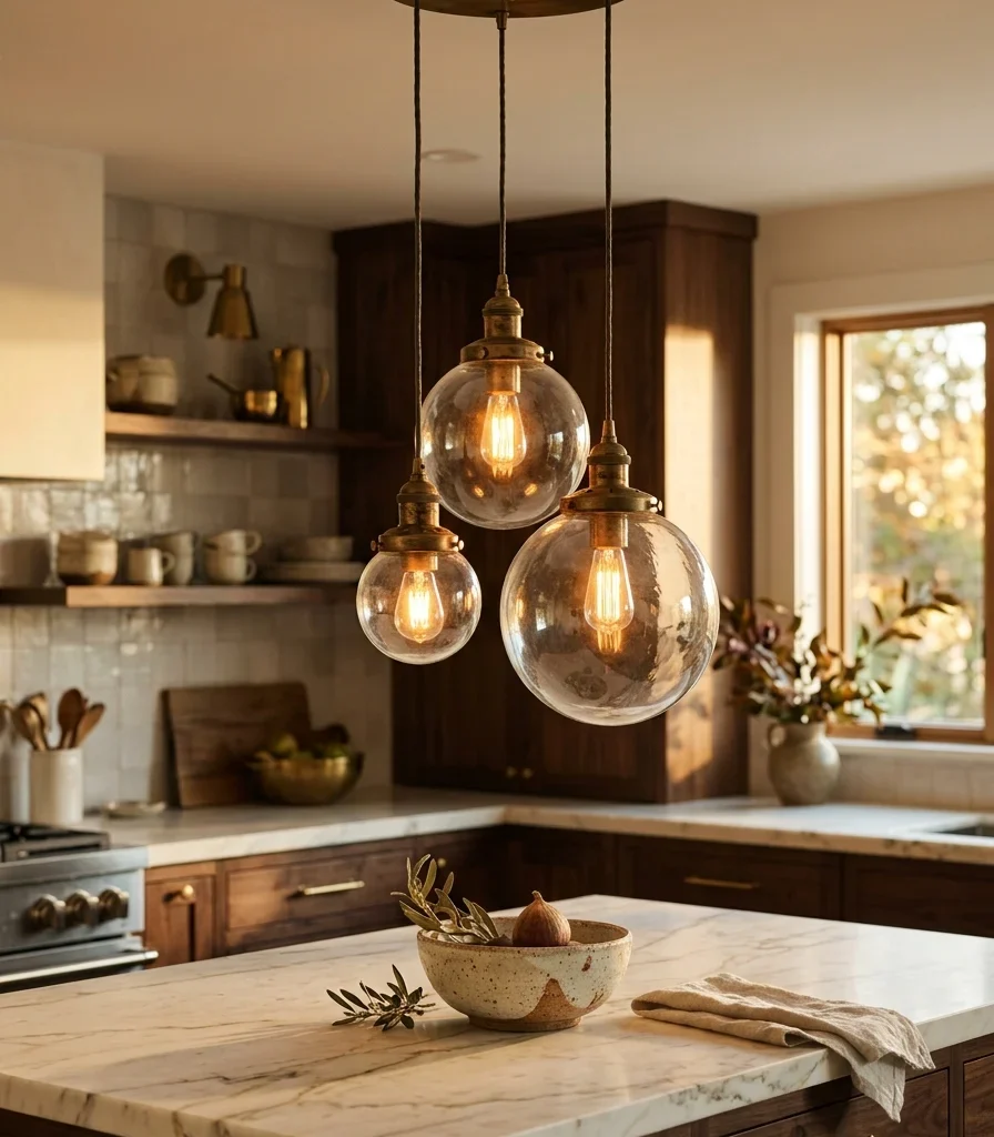 4. Layer a Sculptural Brass Pendant Cluster Over the Island