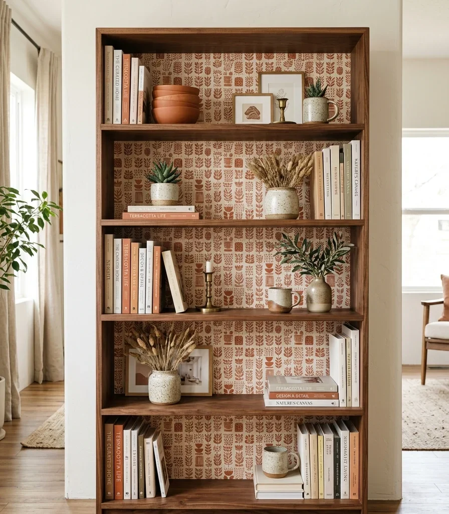 4. Wallpapering the Back of an Open Bookshelf