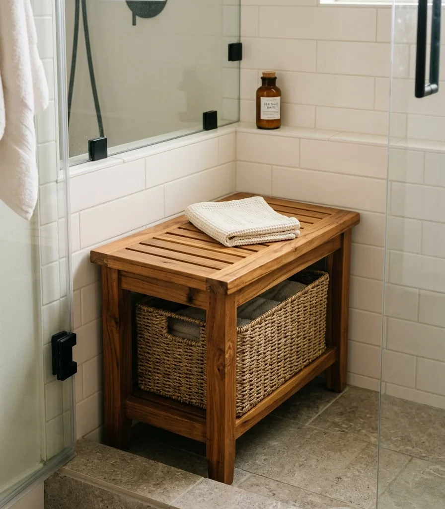 5. Add a Slatted Teak Shower Bench With Storage Beneath