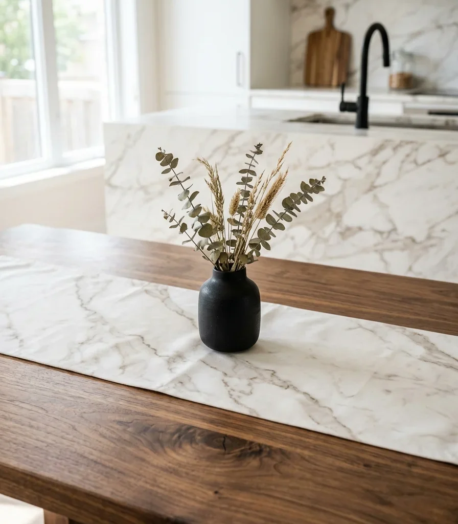 5. Add a Table Runner That Echoes the Kitchen Counter Material